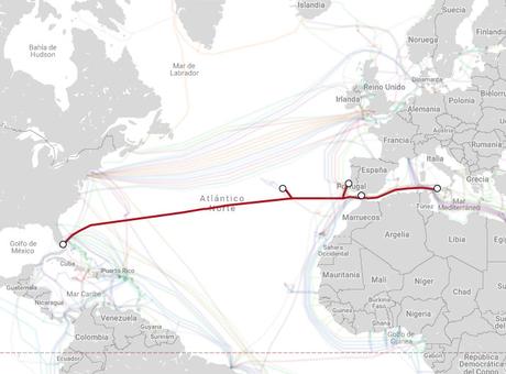 Mapa de cable backbone entre Conil en Espala y Florida USA.