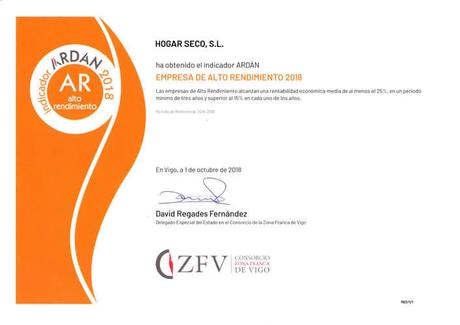 Hogar Seco, distinguida con el indicador Ardán 2018 «Alto Rendimiento» hogar seco empresa alto rendimiento 2018
