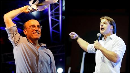 El candidato del Frente Amplio, Daniel Martínez, y el del Partido Colorado, Luis Lacalle Pou, durante sus respectivos cierres de campaña (Collage Infobae/Reuters)
