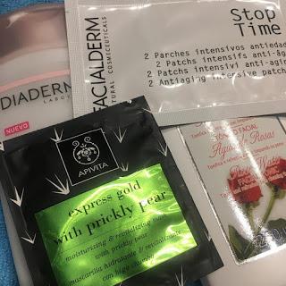 Leche limpiadora y desmaquillante DIADERMINE  Tónico Facial INTEA  Mascarilla Facial APIVITA  Parches Contorno de Ojos FACIALDERM