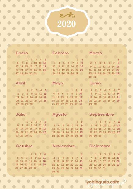 Calendario 2020 gratis en PDF imprimible en varios modelos tamaño folio