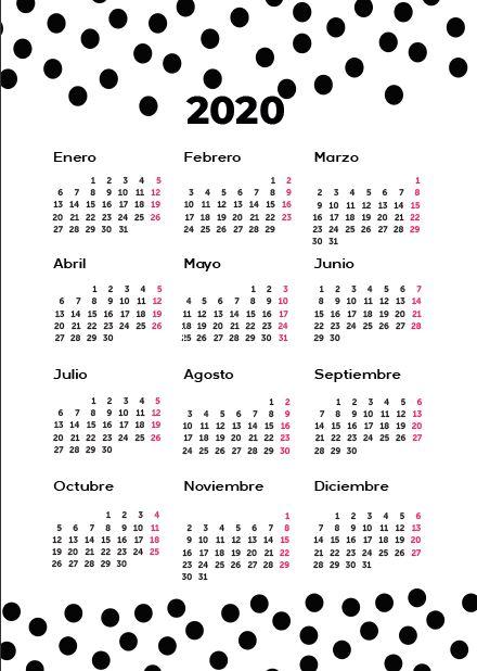 Calendario 2020 gratis en PDF imprimible en varios modelos tamaño folio