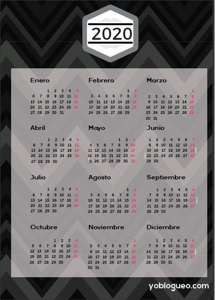 Calendario 2020 gratis en PDF imprimible en varios modelos tamaño folio