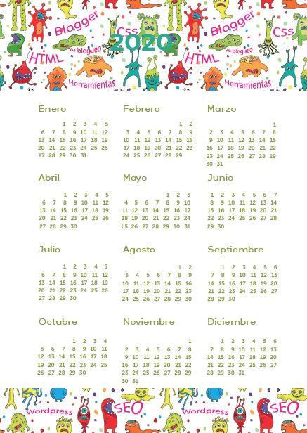 Calendario 2020 gratis en PDF imprimible en varios modelos tamaño folio -  Paperblog