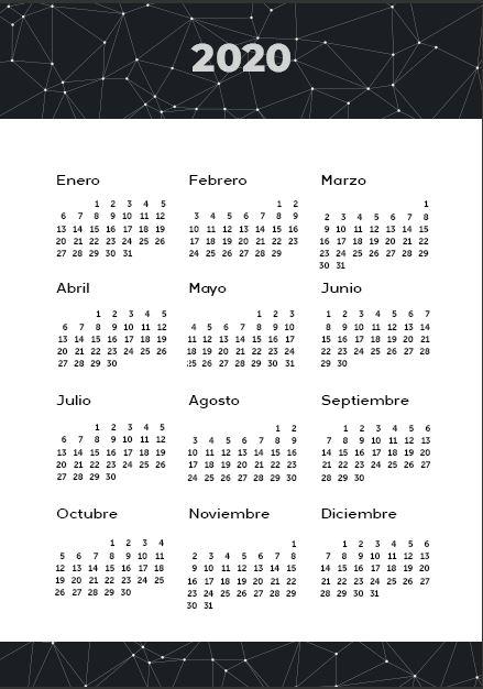Calendario 2020 gratis en PDF imprimible en varios modelos tamaño folio