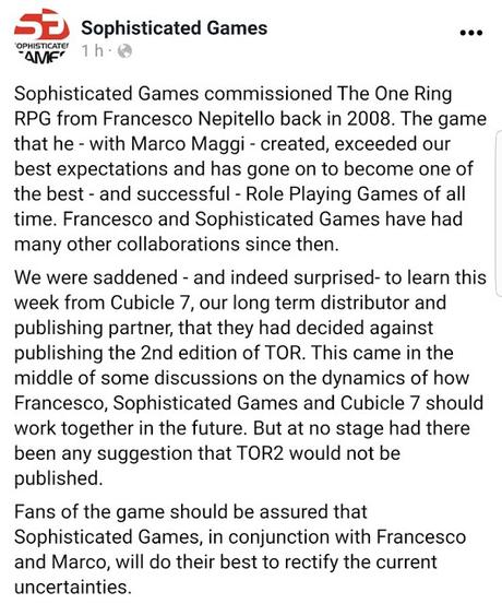 Sophisticated Games da su versión en el caso TOR y Cubicle 7 Sophisticated Games da su versión en el caso TOR y Cubicle 7