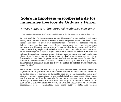 Sobre la hipótesis vascoiberista de los numerales ibéricos de Orduña y Ferrer Sobre la hipótesis vascoiberista de los numerales ibéricos de Orduña y Ferrer