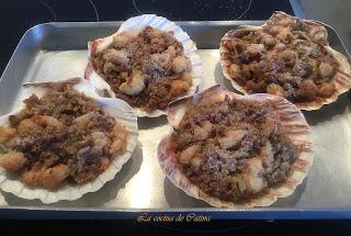 Vieiras gratinadas con jamón y gambas Vieiras gratinadas con jamón y gambas