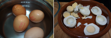 Huevos rellenos de carne con bechamel