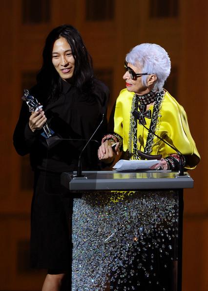 Accessory Designer of the Year winner designer Alexander Wang and Iris Apfel speak on stage during the 2011 CFDA Fashion Awards at Alice Tully Hall, Lincoln Center on June 6, 2011 in New York City.