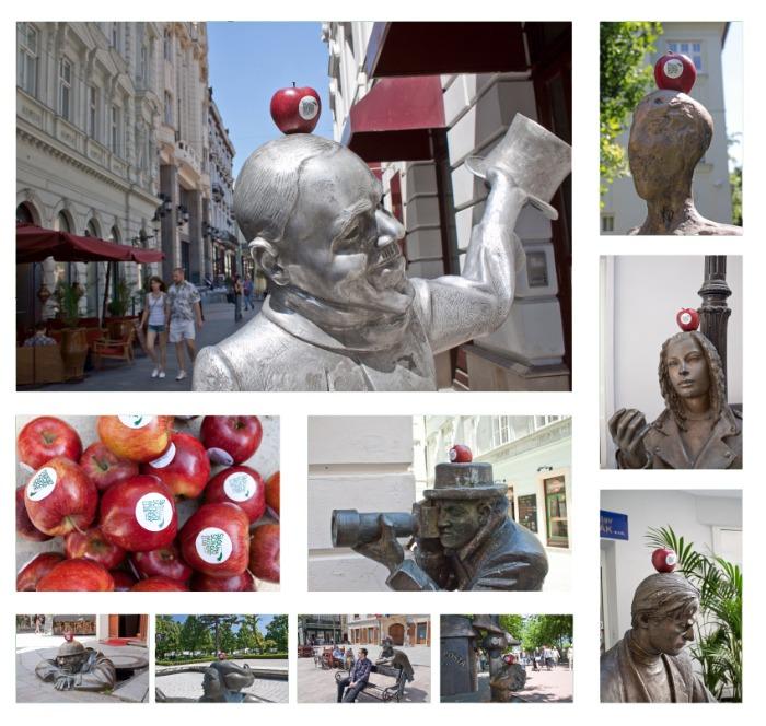 Manzanas sobre estatuas para promocionar un club de tiro con arco