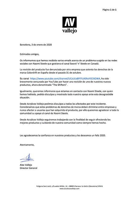 Comunicado de Vallejo en el tema Green Stuff World- Acrylicos Vallejo-Sword 'n' Steel Comunicado de Vallejo en el tema Green Stuff World- Acrylicos Vallejo-Sword 'n' Steel