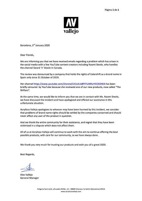 Comunicado de Vallejo en el tema Green Stuff World- Acrylicos Vallejo-Sword 'n' Steel Comunicado de Vallejo en el tema Green Stuff World- Acrylicos Vallejo-Sword 'n' Steel