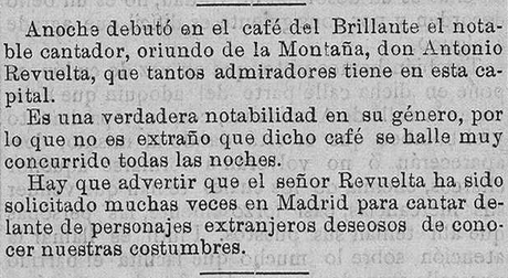 1895:debút en el café del Brillante del cantaor de origen montañés don Antonio Revuelta, introductor de la guajira