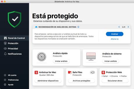 Antivirus Mac panel principal Bitdefender