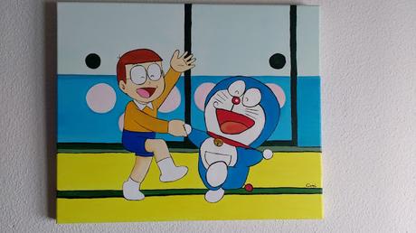 CUADRO AL OLEO DE NOBITA Y DORAEMON