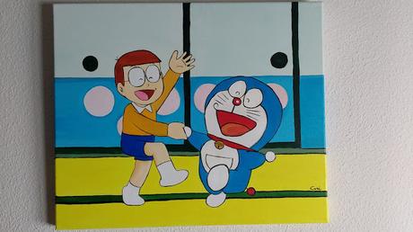 CUADRO AL OLEO DE NOBITA Y DORAEMON