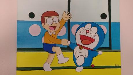 CUADRO AL OLEO DE NOBITA Y DORAEMON