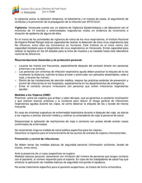Ministerio de Salud de Venezuela Comunicado sobre el Coronavirus