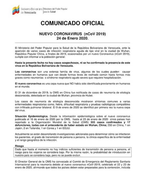 Ministerio de Salud de Venezuela Comunicado sobre el Coronavirus