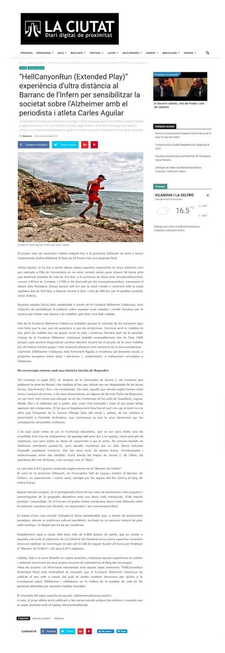 “HellCanyonRun (Extended Play)” experiència d’ultra distància al Barranc de l’Infern per sensibilitzar la societat sobre l’Alzheimer amb el periodista i atleta Carles Aguilar