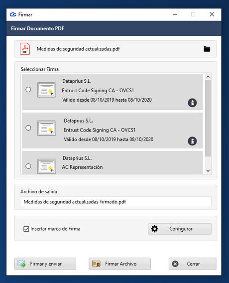 Aplicación Dataprius. Firmas digitales desde el almacén de firmas de Windows