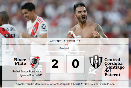 River derrotó a Central Córdoba de Santiago del Estero y mantiene la punta de la Superliga.
