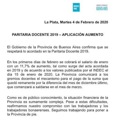 El gobierno de la Provincia de Buenos Aires acaba de notificar a los docentes que no se podrá cumplir con el acuerdo paritario 2019 (no pagarán la última cuota de la cláusula gatillo). Se pagará con el salario de MARZO.