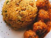 Couscous garbanzos albóndigas salsa