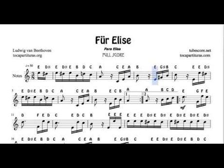 Fur Elise by Beethoven English Notes in Treble Clef A minor Flute Recorder Violin Oboe...