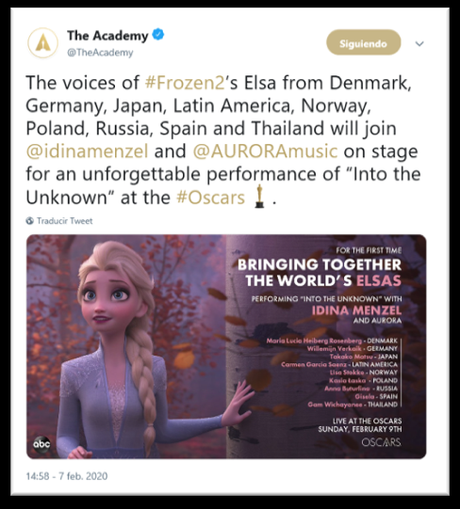 LA CANTANTE GISELA ACTUARÁ EN LA GALA DE LOS OSCAR® JUNTO A IDINA MENZEL INTERPRETANDO “INTO THE UNKNOWN” DE FROZEN 2