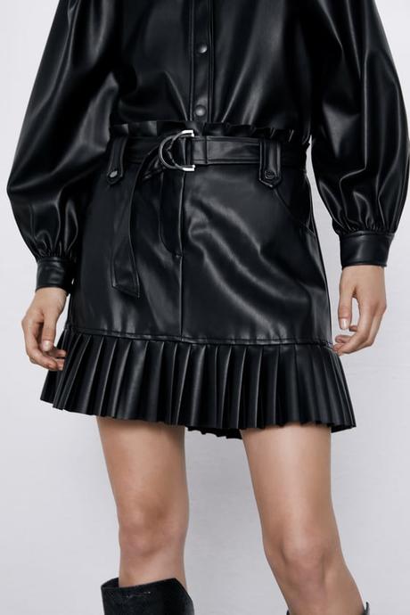 Falda Plisada Zara Negra Cuero