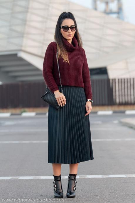 Falda Plisada Zara Negra Cuero