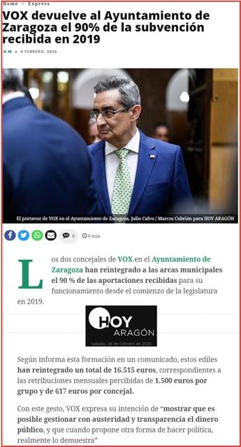 Insólito. VOX devuelve al Ayuntamiento de Zaragoza el 90% de la subvención recibida en 2019