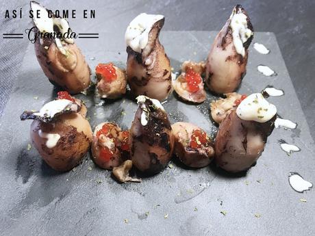 Calamares rellenos de marisco con alioli Calamares rellenos de marisco con alioli