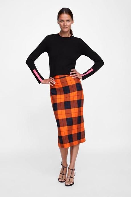 Falda Cuadros Naranja Zara