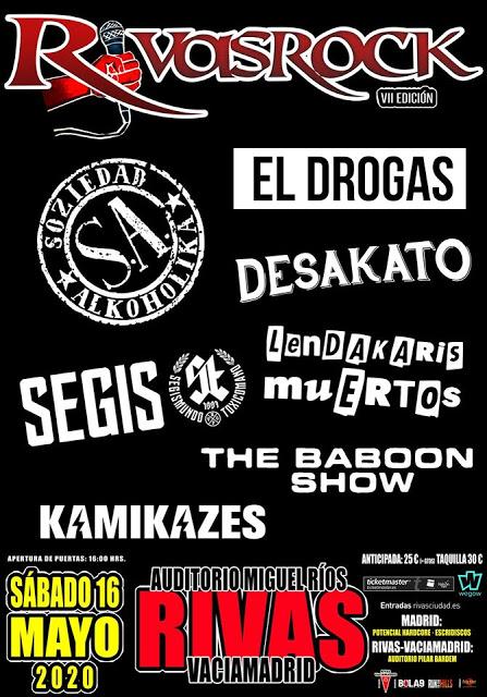 Rivas Rock 2020: Soziedad Alkoholika, El Drogas, Desakato, Lendakaris Muertos, Segismundo Toxicómano, The Baboon Show y Kamikazes