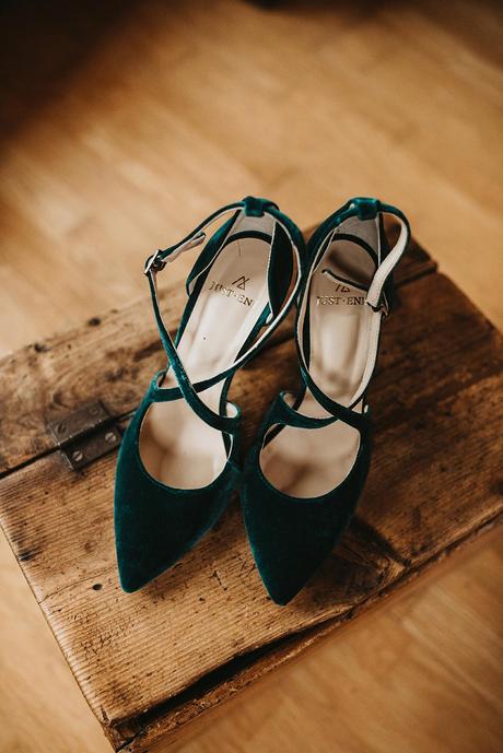 Zapatos novia terciopelo verde oscuro