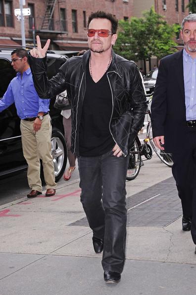 Bono, wearing a Spiderman inspired leather jacket, is seen attending the Stella McCartney Spring 2012 Presentation in the West Village, New York City.