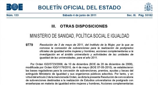 Subvenciones postgrados oficiales de #igualdad entre mujeres y hombres 2011
