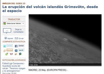 Impresionante imagen de la erupción del volcán islandés Grimsvötn desde el espacio