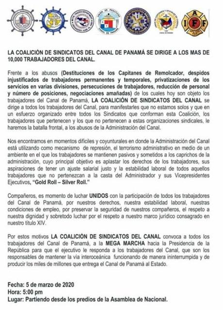 Coalición de Sindicatos del Canal de Panamá convoca marcha hacia la Presidencia de la República