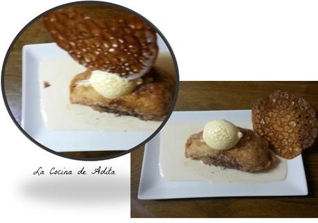 Torrija, sobre crema inglesa, con helado y crujiente Torrija, sobre crema inglesa, con helado y crujiente
