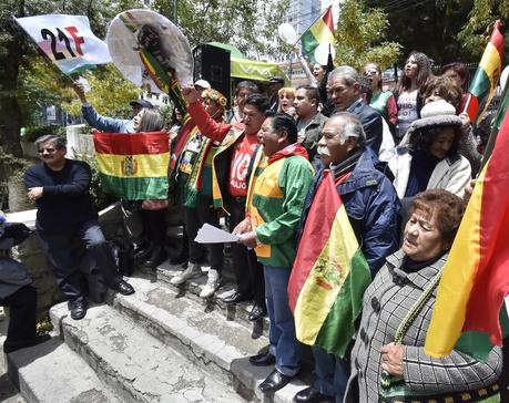 Members of the 21-F movement celebrate Bolivia's supreme electoral court's decision last week to disqualify former president Evo Morales from running for Senate, in La Paz, Bolivia, on Friday.  (EPA-EFE/Shutterstock)