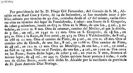 Subasta de varias tierras en término del lugar de Fuenlabrada (1804)