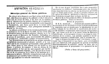 Adjudicación en pública subasta de la construcción de un trozo de carretera entre Leganés y Fuenlabrada (1862)