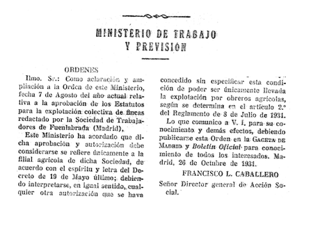 Orden relativa a la aprobación de los Estatutos para la explotación colectiva de fincas, redactado por la Sociedad de Trabajadores de Fuenlabrada (1931)