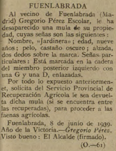 Desaparición de una mula de Gregorio Pérez Escolar (1939)