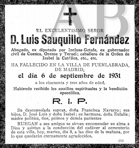 Esquela de D. Luis Sauquillo Fernández (1931)