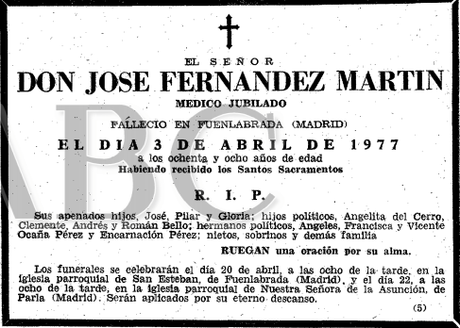 Esquela de D. Jose Fernandez Martín, médico jubilado natural de Fuenlabrada